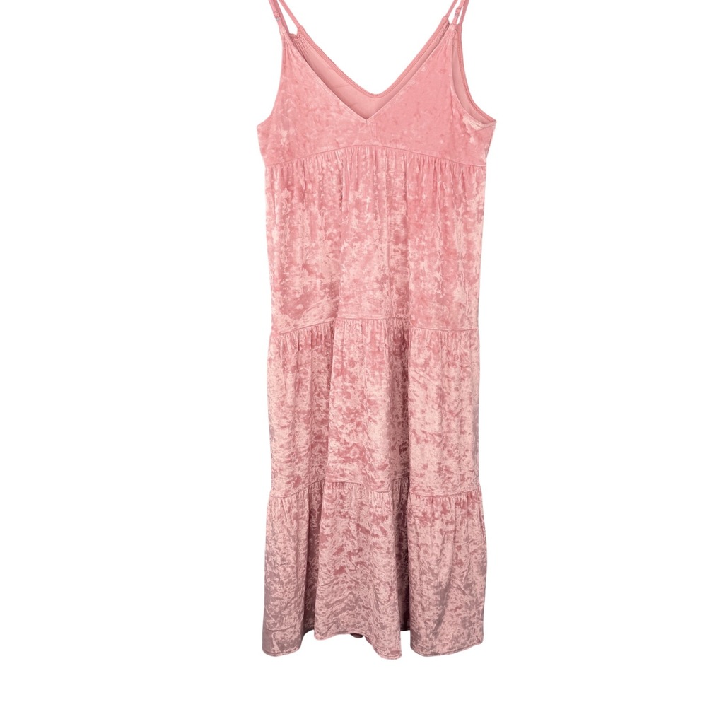 Aerie Maxi Dress Women XS Pink Crushed Velvet Tiered Spaghetti Strap V-Neck‎